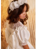 Elbow Sleeves White Lace Satin Floral Flower Girl Dress